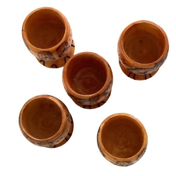 Vintage Wood Pedestal Cups Egg Cup or Tiki Bar Shot Glass Hand Turned Pyrography - Picture 6 of 7